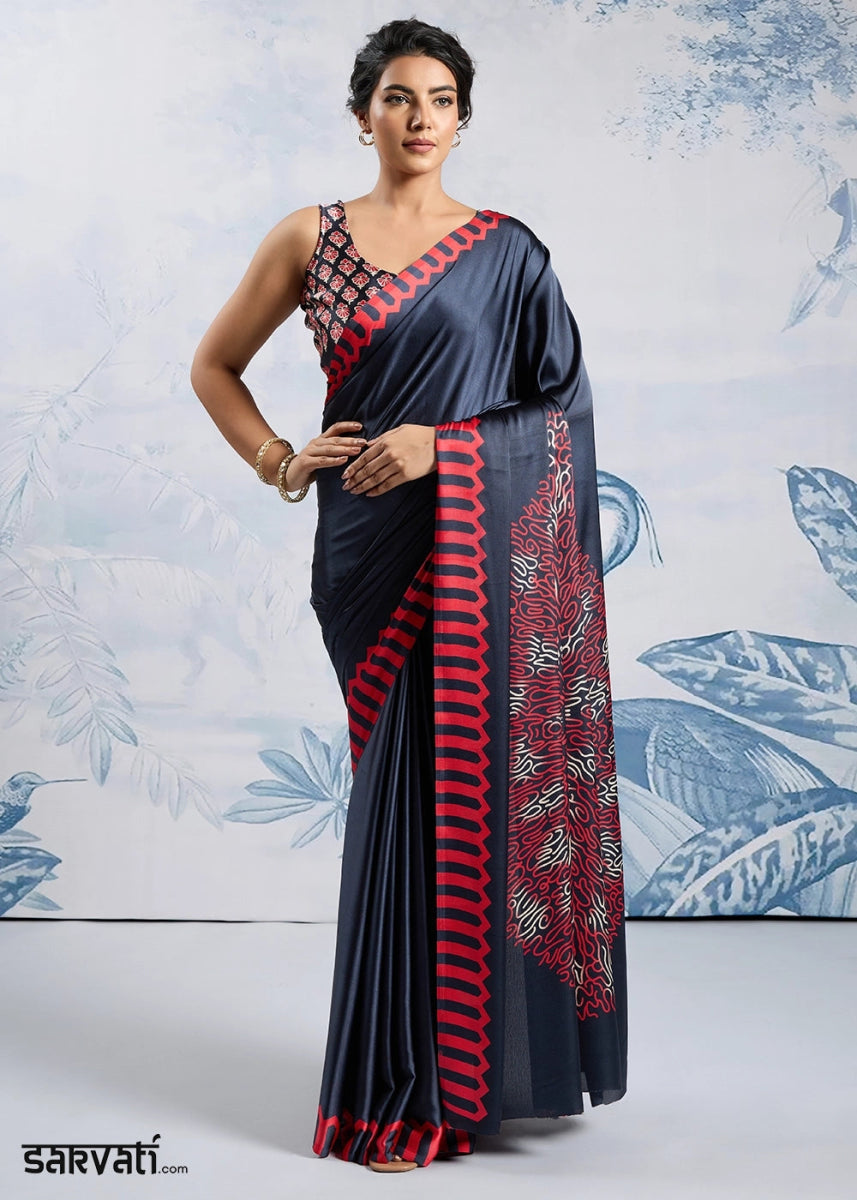 Liberty Blue Saree in Modal Satin with Classic Ajrakh Print - House of Sarvati LLC