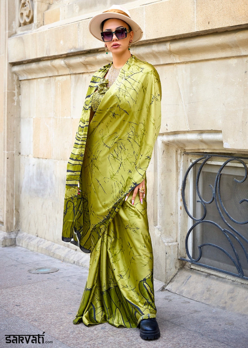 Light Avocado Green Lightweight Printed Saree in Satin Crepe - House of Sarvati LLC