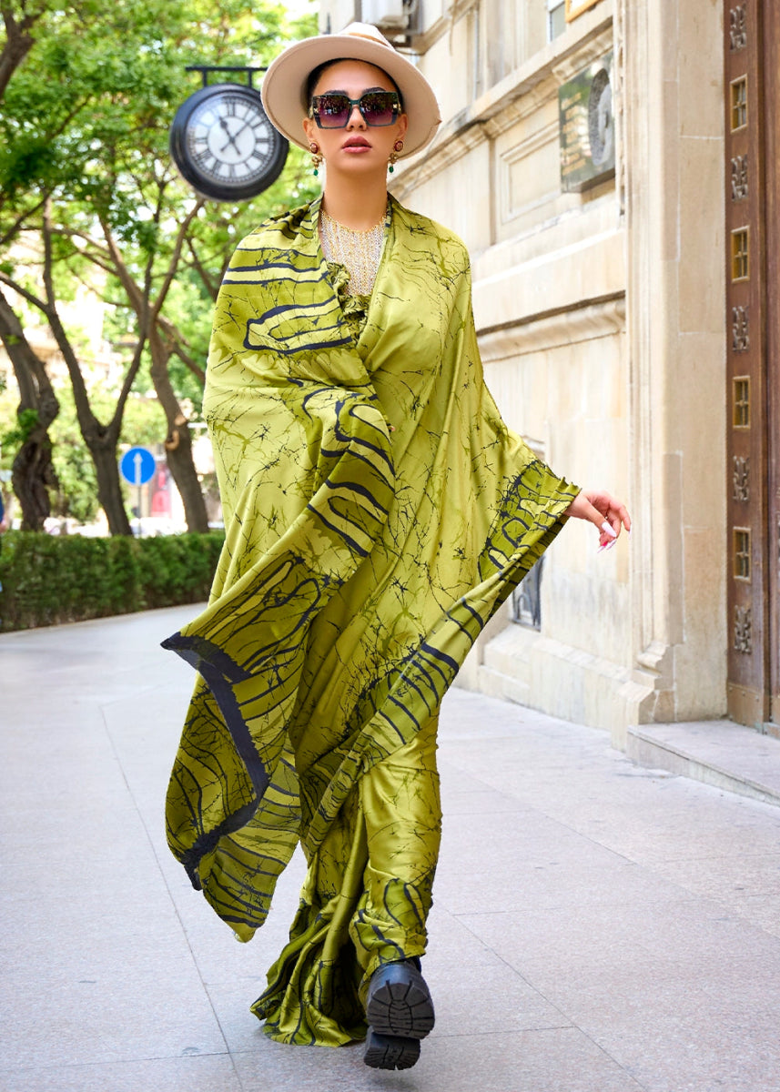 Light Avocado Green Lightweight Printed Saree in Satin Crepe - House of Sarvati LLC