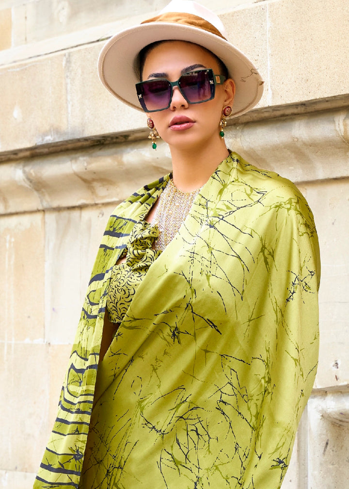Light Avocado Green Lightweight Printed Saree in Satin Crepe - House of Sarvati LLC