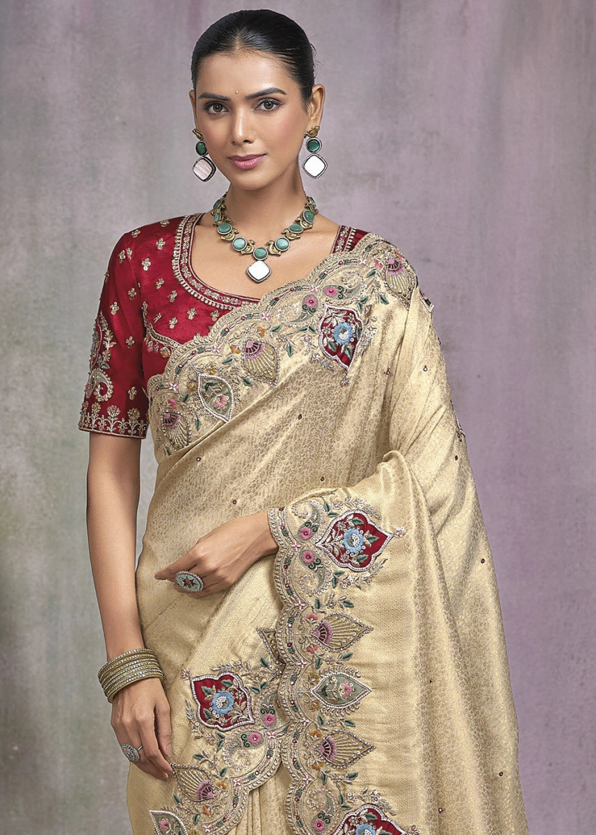 Light Beige Brown kanjivaram Silk Saree with Intricate Zari,Thread,Cut - Dana, Moti and Zarkan Embellishments - House of Sarvati LLC