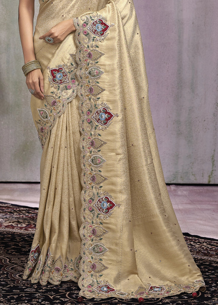 Light Beige Brown kanjivaram Silk Saree with Intricate Zari,Thread,Cut - Dana, Moti and Zarkan Embellishments - House of Sarvati LLC