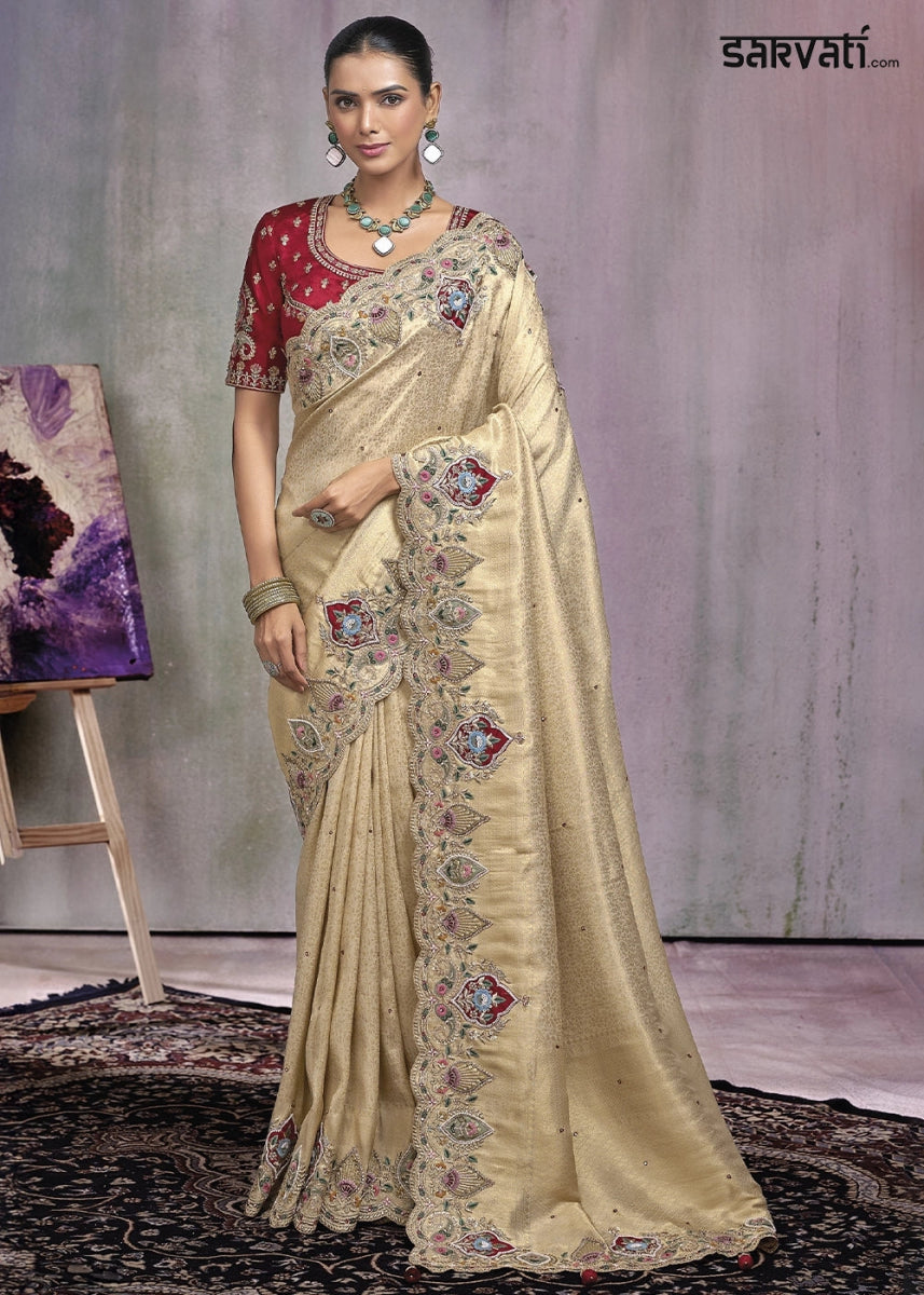 Light Beige Brown kanjivaram Silk Saree with Intricate Zari,Thread,Cut - Dana, Moti and Zarkan Embellishments - House of Sarvati LLC