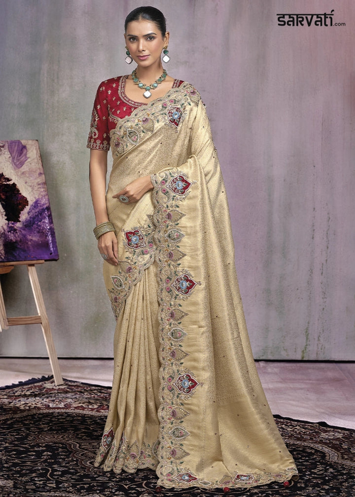 Light Beige Brown kanjivaram Silk Saree with Intricate Zari,Thread,Cut - Dana, Moti and Zarkan Embellishments - House of Sarvati LLC