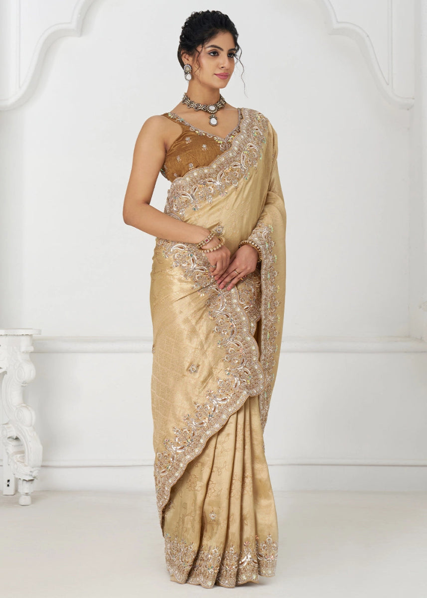 Light Beige Brown Viscose Dola Silk Saree With Handcrafted Sequins And Beads Embellishments - House of Sarvati LLC