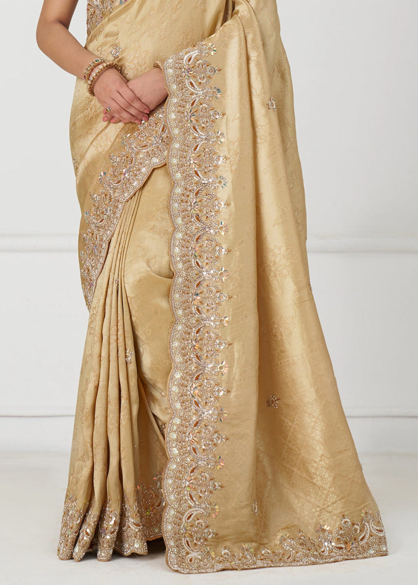 Light Beige Brown Viscose Dola Silk Saree With Handcrafted Sequins And Beads Embellishments - House of Sarvati LLC