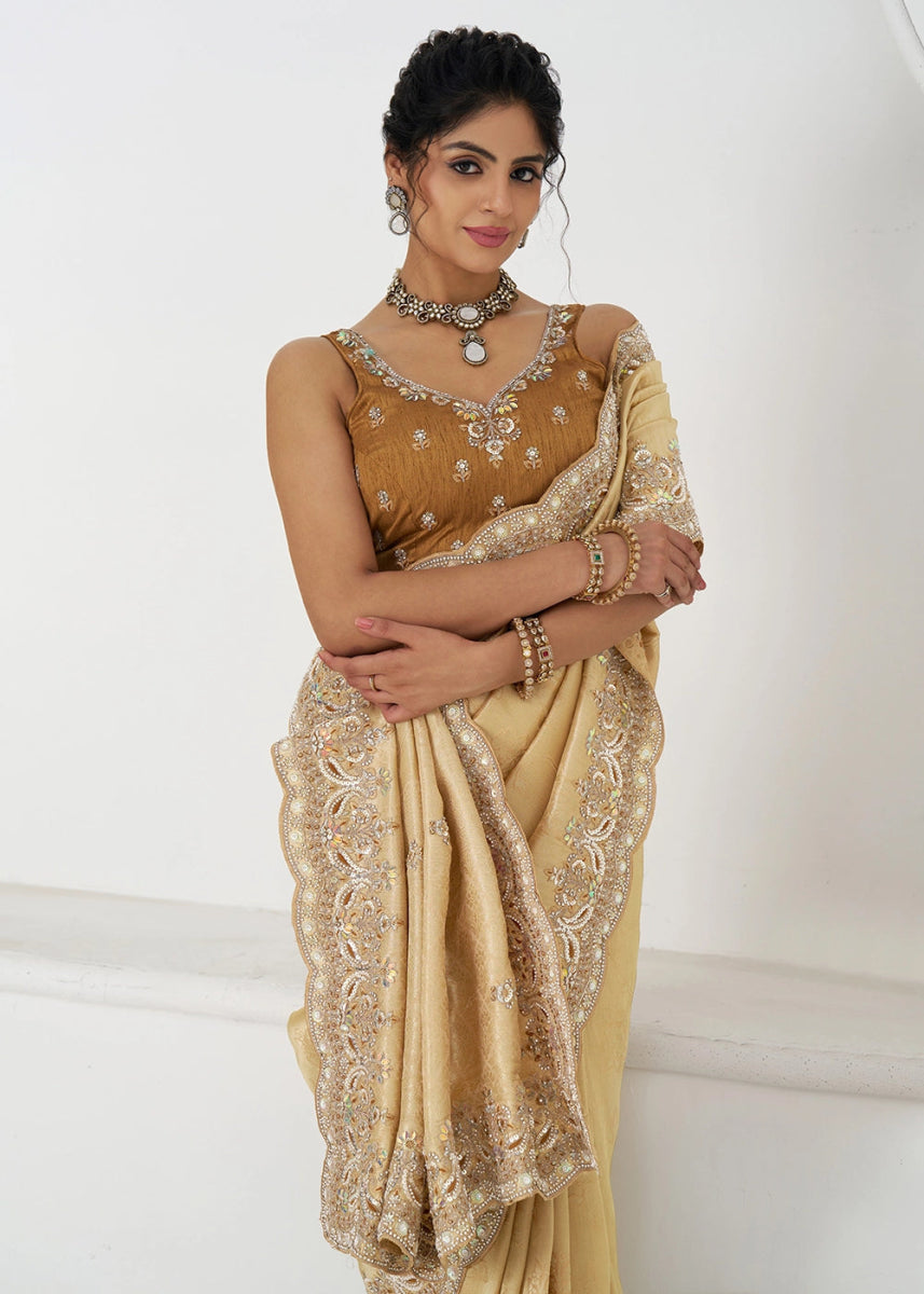 Light Beige Brown Viscose Dola Silk Saree With Handcrafted Sequins And Beads Embellishments - House of Sarvati LLC