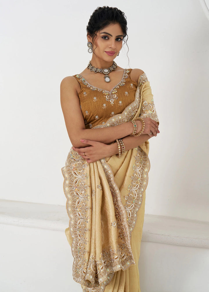 Light Beige Brown Viscose Dola Silk Saree With Handcrafted Sequins And Beads Embellishments - House of Sarvati LLC
