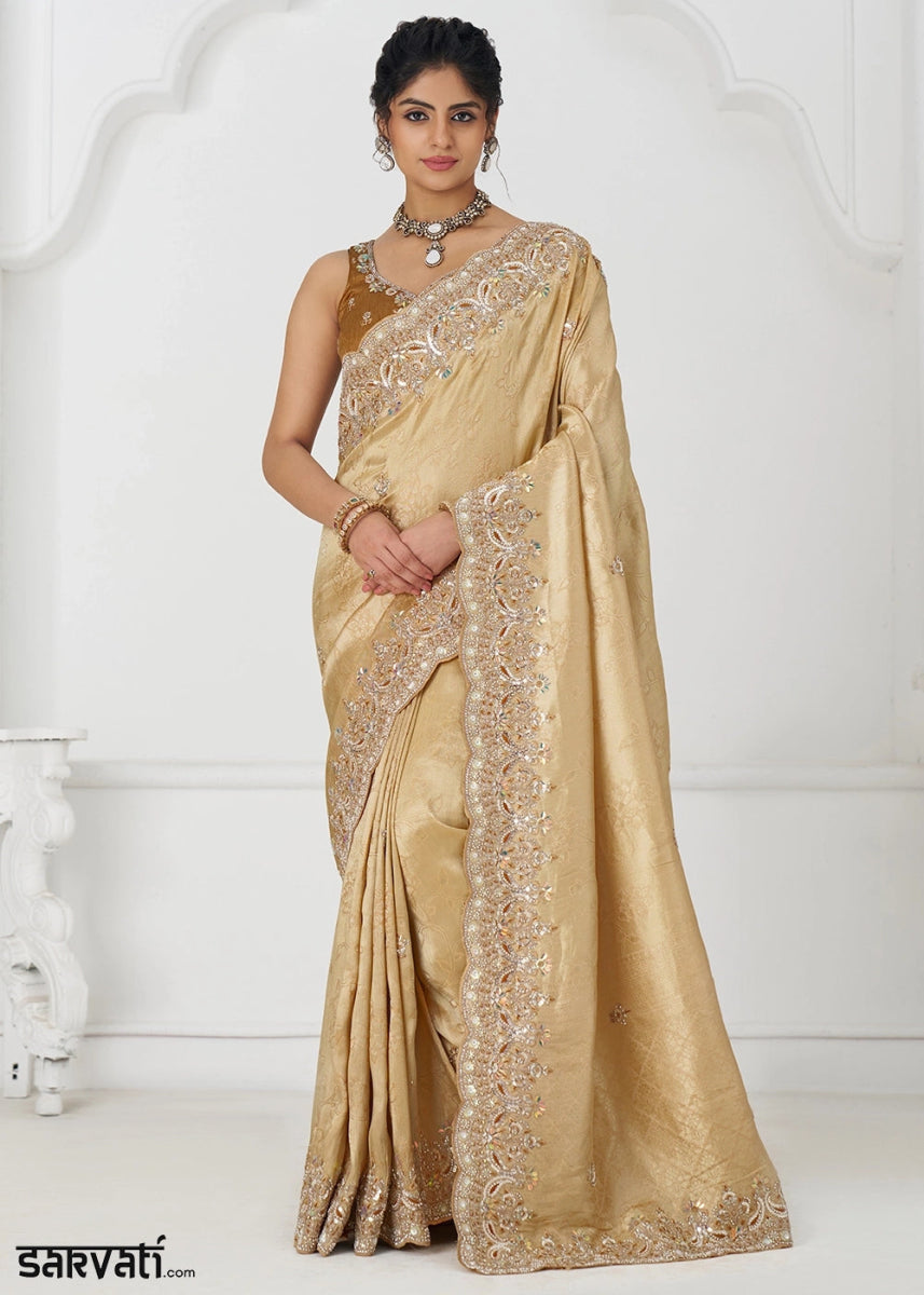 Light Beige Brown Viscose Dola Silk Saree With Handcrafted Sequins And Beads Embellishments - House of Sarvati LLC