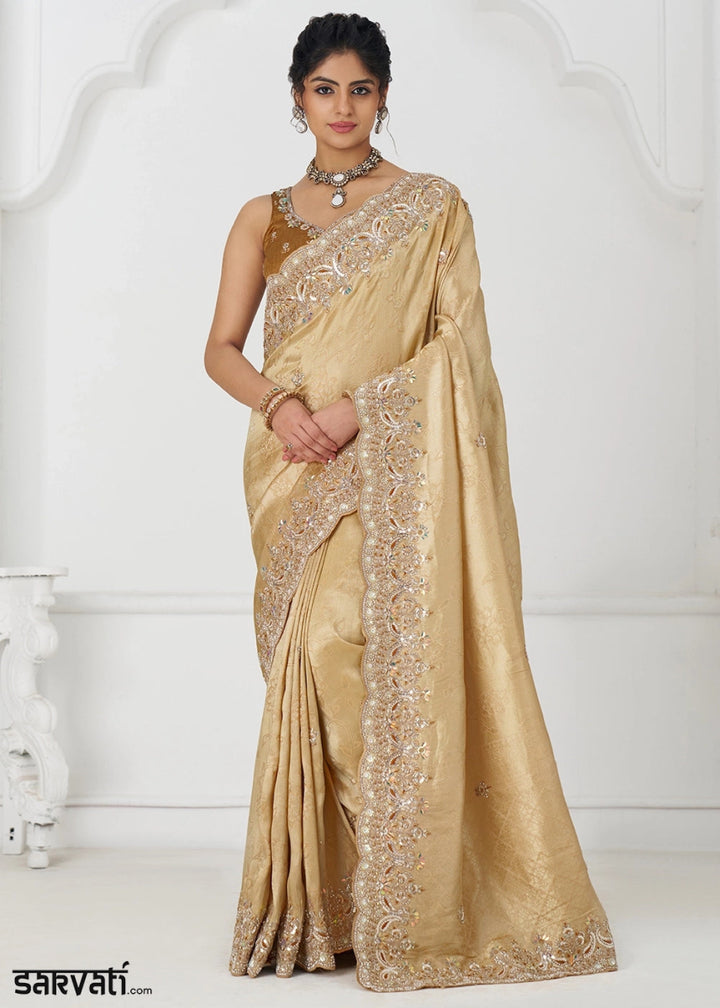 Light Beige Brown Viscose Dola Silk Saree With Handcrafted Sequins And Beads Embellishments - House of Sarvati LLC
