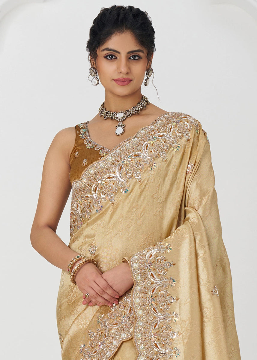 Light Beige Brown Viscose Dola Silk Saree With Handcrafted Sequins And Beads Embellishments - House of Sarvati LLC