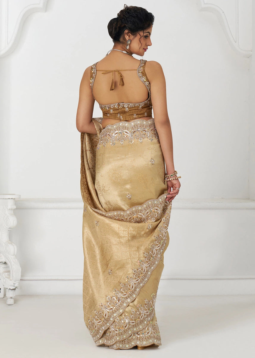 Light Beige Brown Viscose Dola Silk Saree With Handcrafted Sequins And Beads Embellishments - House of Sarvati LLC