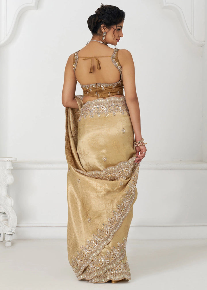 Light Beige Brown Viscose Dola Silk Saree With Handcrafted Sequins And Beads Embellishments - House of Sarvati LLC