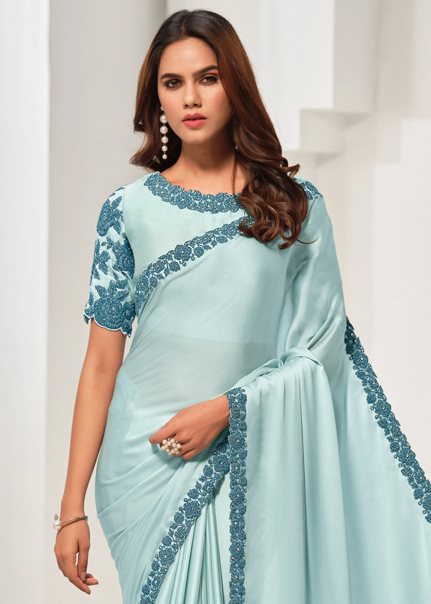 Light Blue Crepe Satin Silk Saree with Luxurious Zardosi Detailing - House of Sarvati LLC