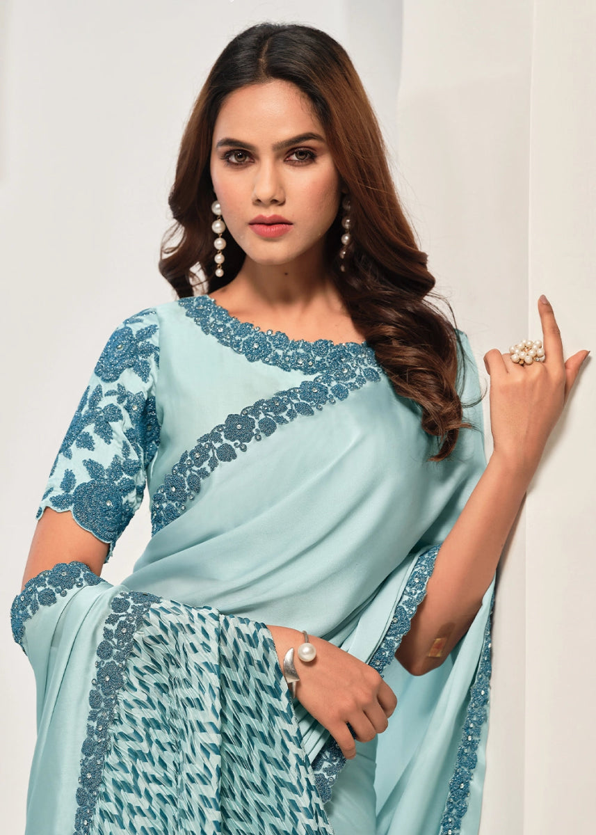 Light Blue Crepe Satin Silk Saree with Luxurious Zardosi Detailing - House of Sarvati LLC