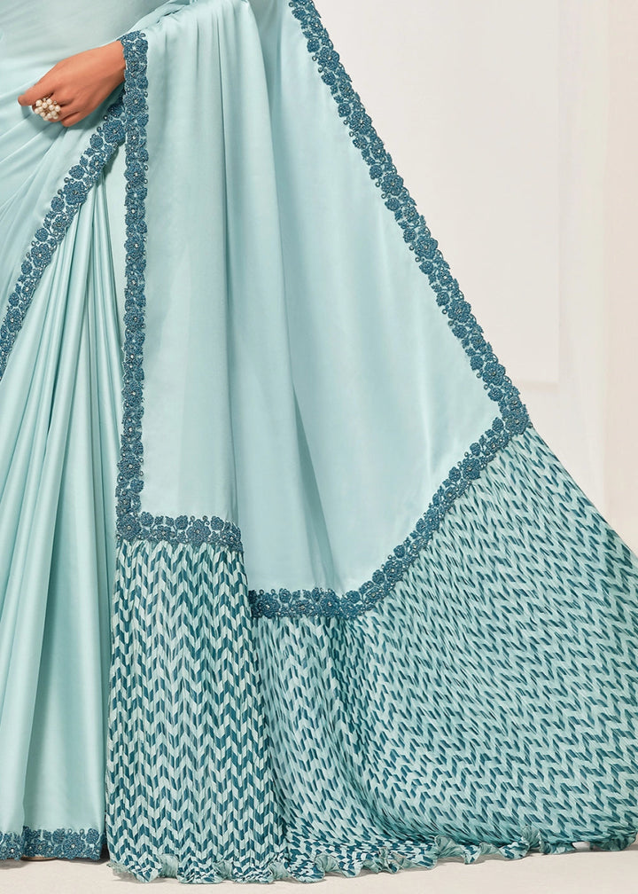 Light Blue Crepe Satin Silk Saree with Luxurious Zardosi Detailing - House of Sarvati LLC
