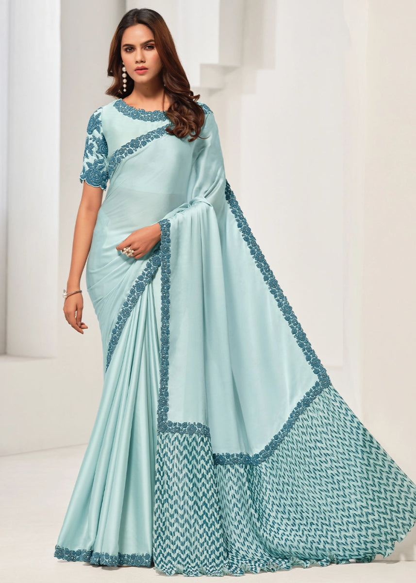 Light Blue Crepe Satin Silk Saree with Luxurious Zardosi Detailing - House of Sarvati LLC
