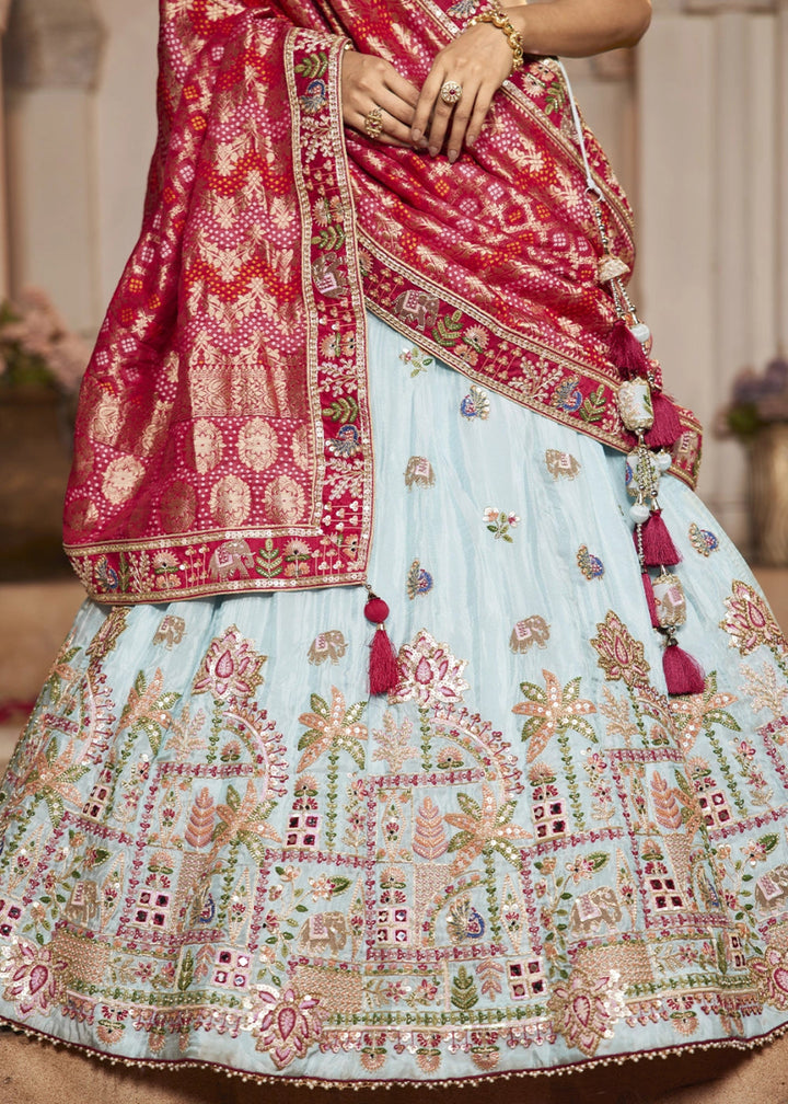 Light Blue Embroidered Tissue Lehenga Choli with Mirror works - House of Sarvati LLC