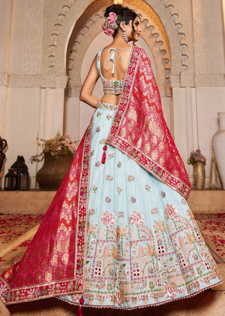 Light Blue Embroidered Tissue Lehenga Choli with Mirror works - House of Sarvati LLC