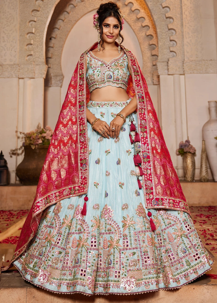 Light Blue Embroidered Tissue Lehenga Choli with Mirror works - House of Sarvati LLC