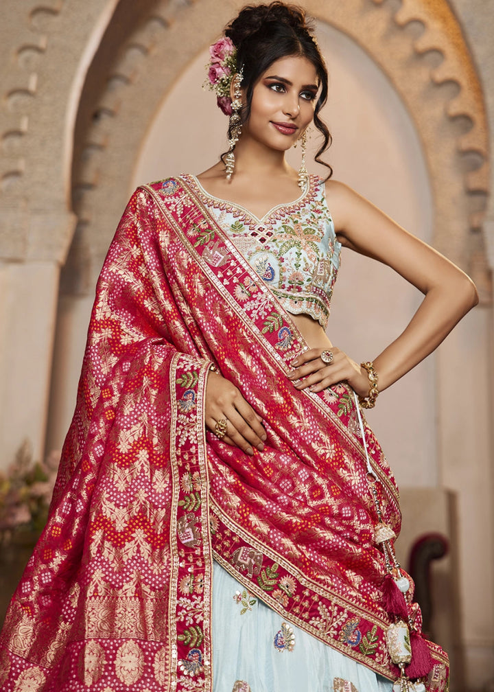 Light Blue Embroidered Tissue Lehenga Choli with Mirror works - House of Sarvati LLC