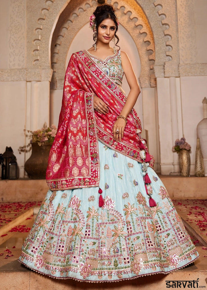 Light Blue Embroidered Tissue Lehenga Choli with Mirror works - House of Sarvati LLC