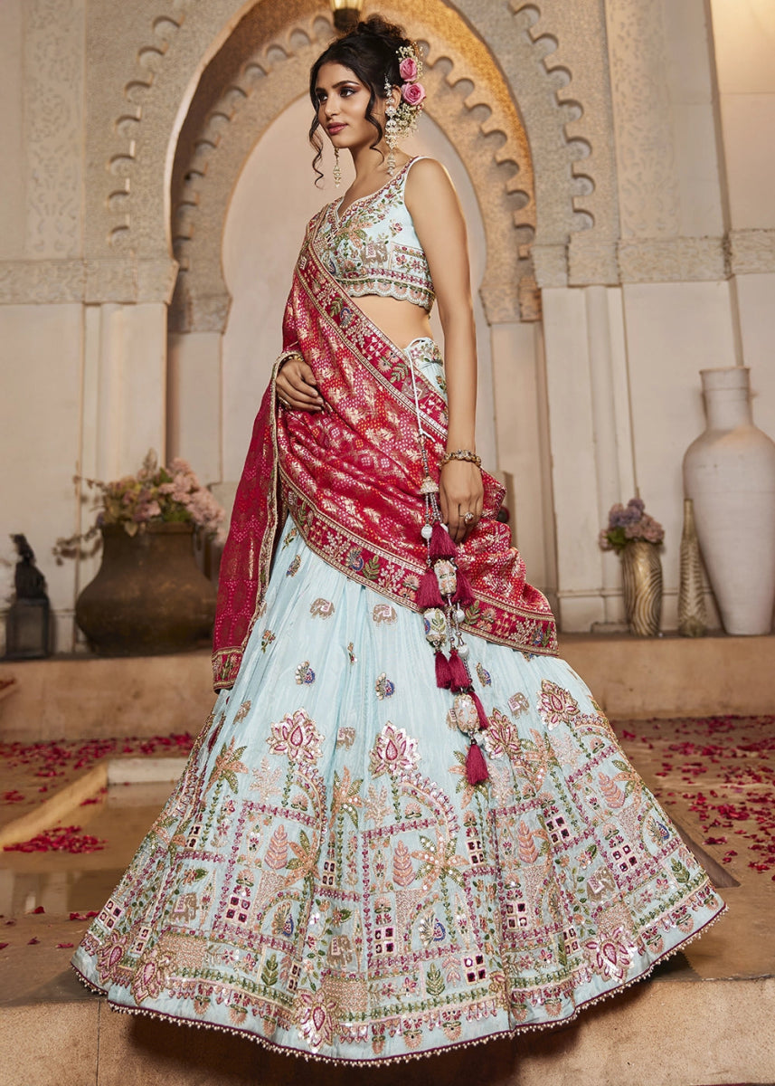 Light Blue Embroidered Tissue Lehenga Choli with Mirror works - House of Sarvati LLC