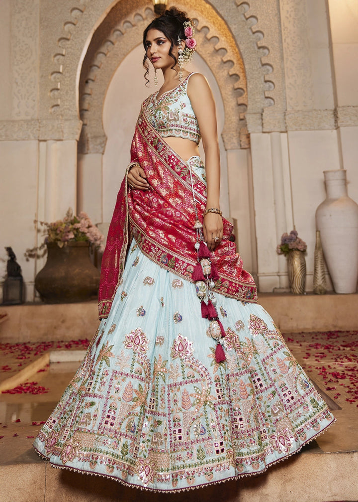 Light Blue Embroidered Tissue Lehenga Choli with Mirror works - House of Sarvati LLC