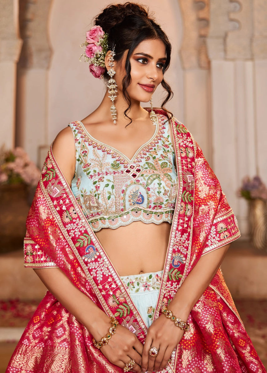 Light Blue Embroidered Tissue Lehenga Choli with Mirror works - House of Sarvati LLC