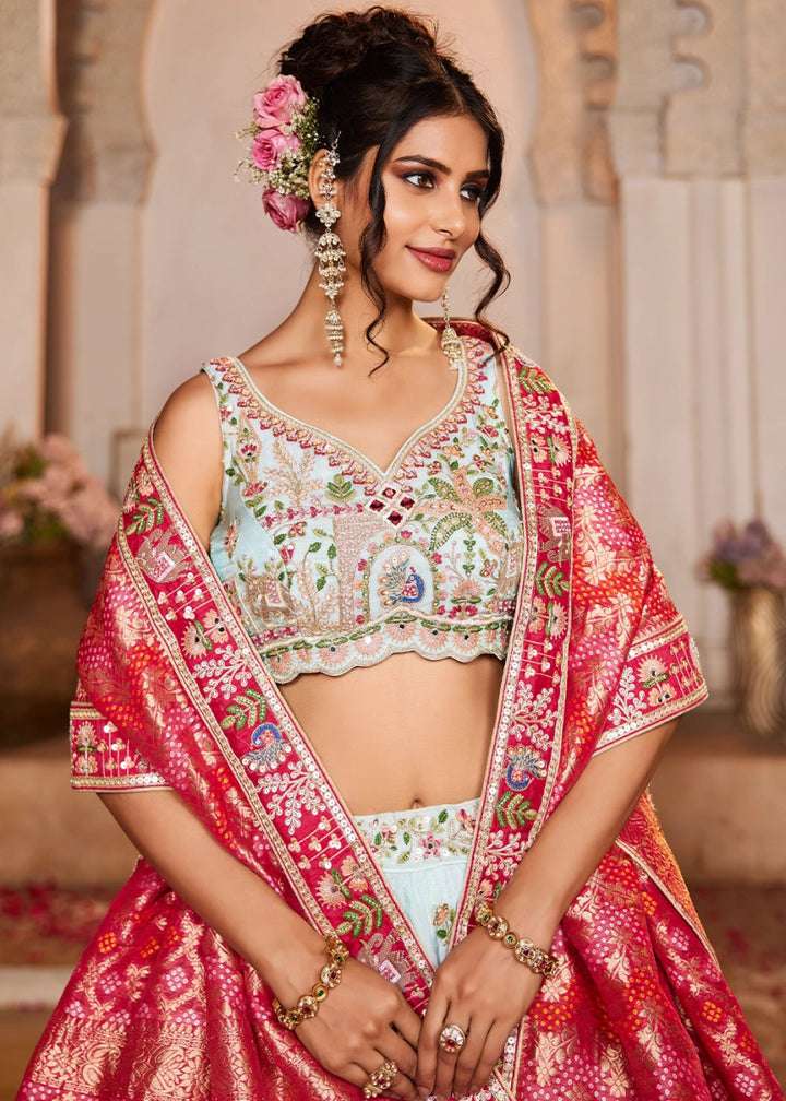 Light Blue Embroidered Tissue Lehenga Choli with Mirror works - House of Sarvati LLC
