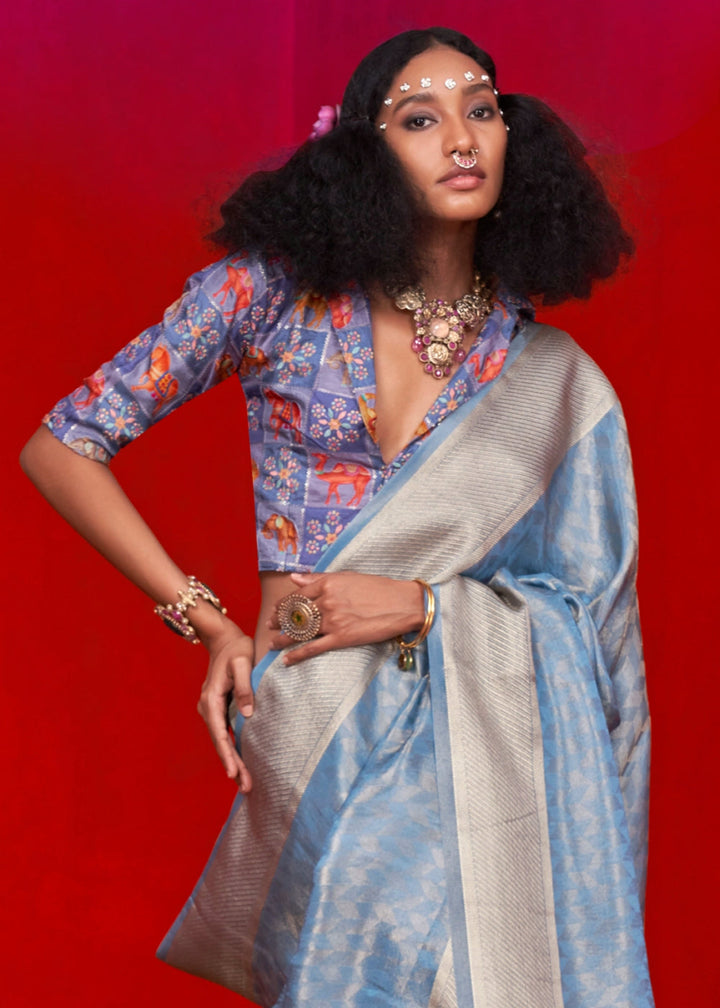 Light Blue Handloom Tissue Silk Saree with Intricate Border Weaving - House of Sarvati LLC