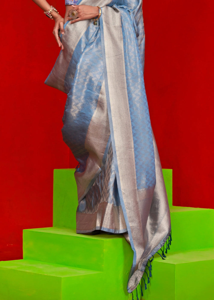 Light Blue Handloom Tissue Silk Saree with Intricate Border Weaving - House of Sarvati LLC