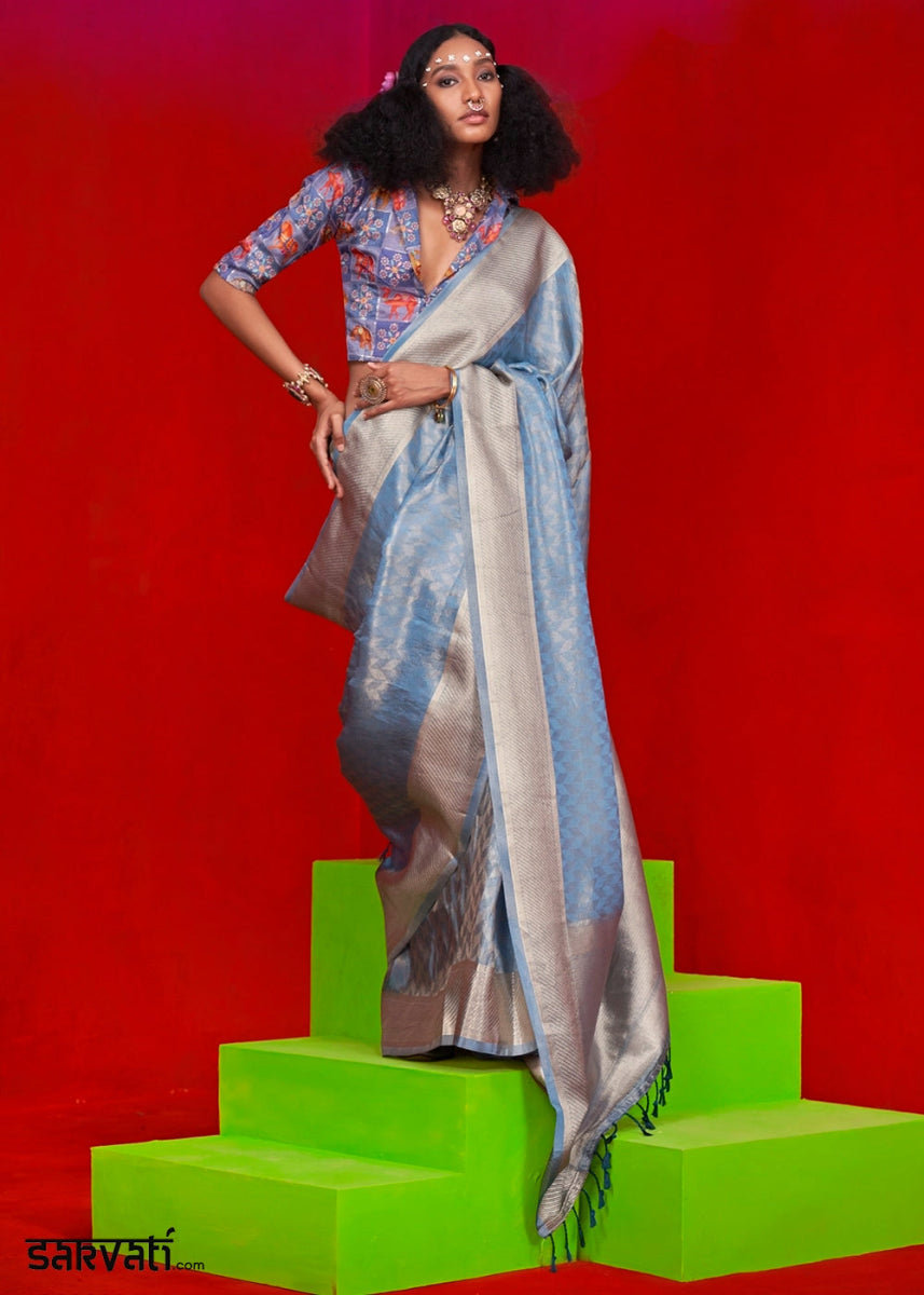 Light Blue Handloom Tissue Silk Saree with Intricate Border Weaving - House of Sarvati LLC