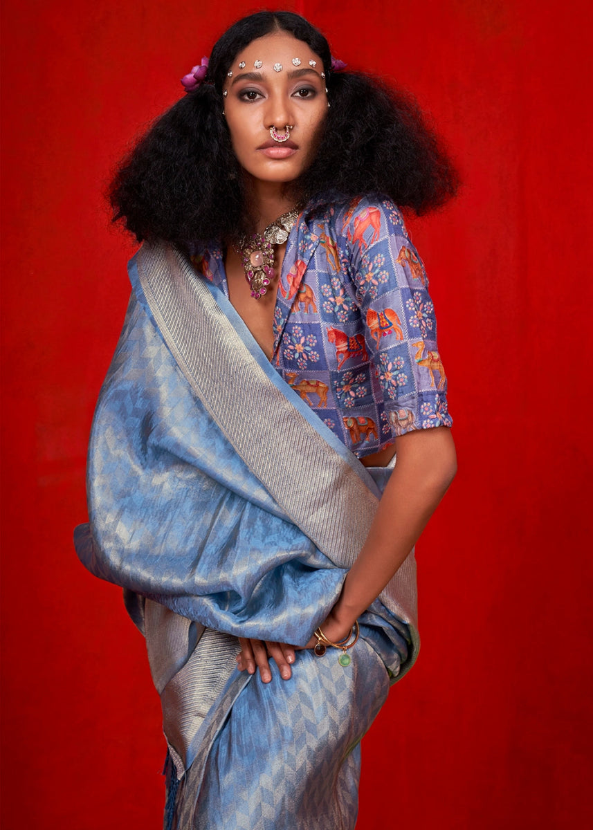Light Blue Handloom Tissue Silk Saree with Intricate Border Weaving - House of Sarvati LLC