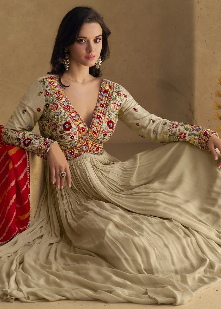 Light Brown Anarkali Gown in Georgette with Intricate Embroidery - House of Sarvati LLC
