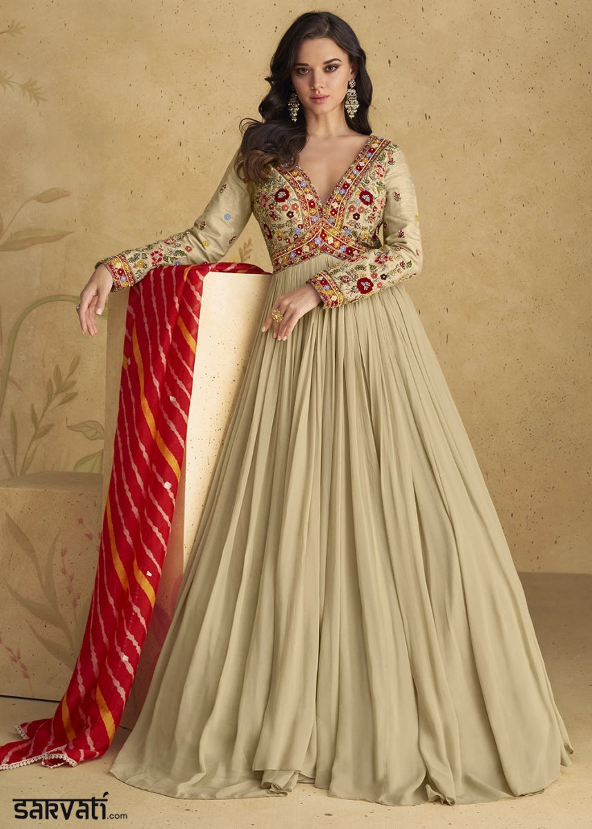 Light Brown Anarkali Gown in Georgette with Intricate Embroidery - House of Sarvati LLC