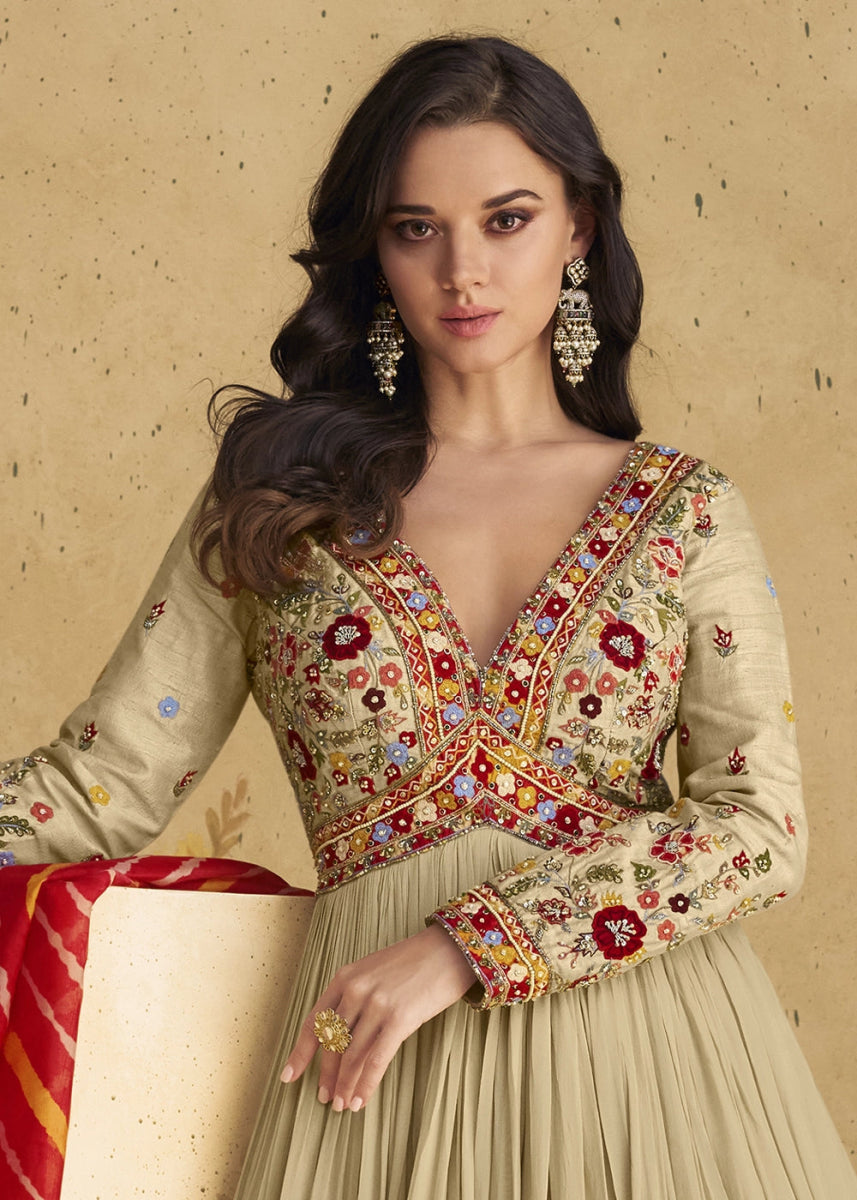 Light Brown Anarkali Gown in Georgette with Intricate Embroidery - House of Sarvati LLC