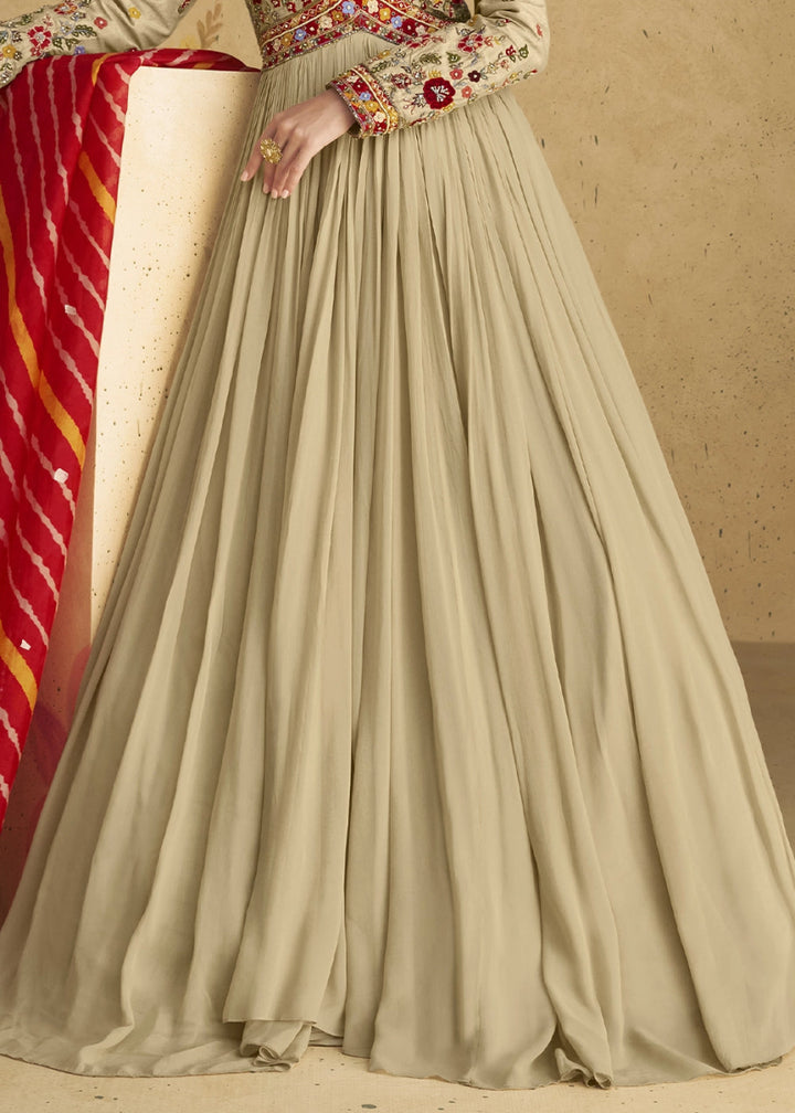 Light Brown Anarkali Gown in Georgette with Intricate Embroidery - House of Sarvati LLC