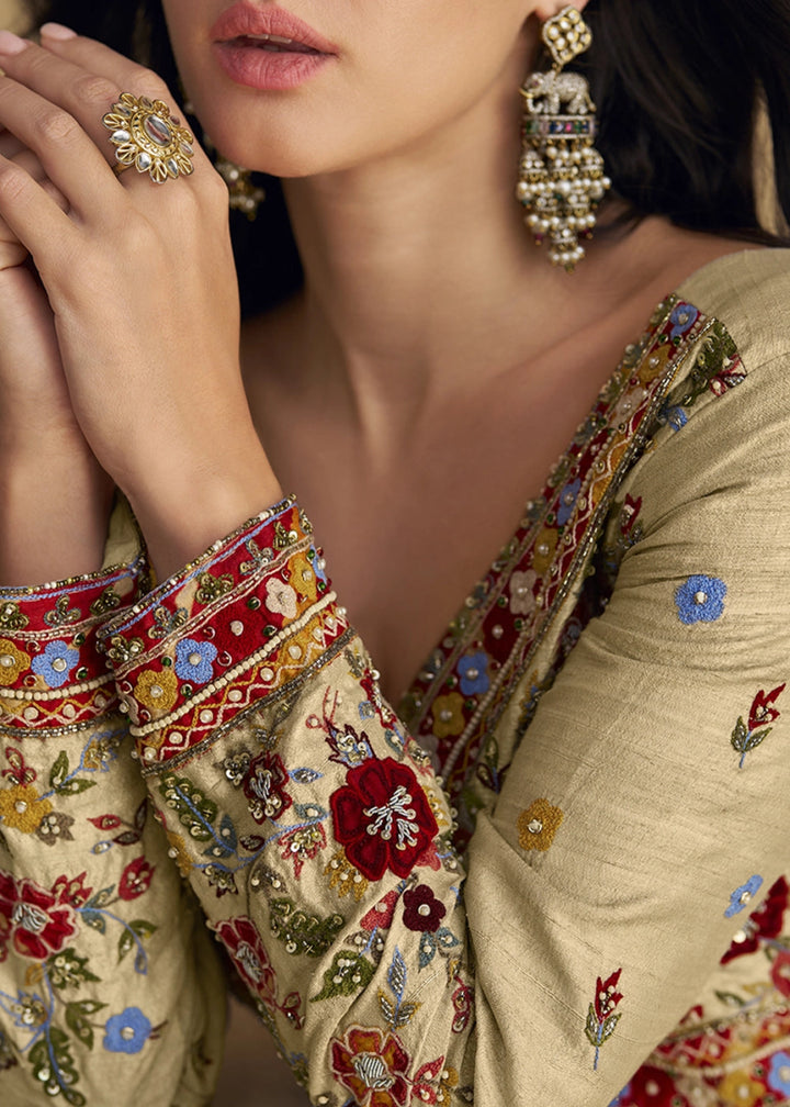 Light Brown Anarkali Gown in Georgette with Intricate Embroidery - House of Sarvati LLC