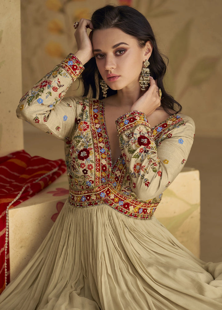 Light Brown Anarkali Gown in Georgette with Intricate Embroidery - House of Sarvati LLC