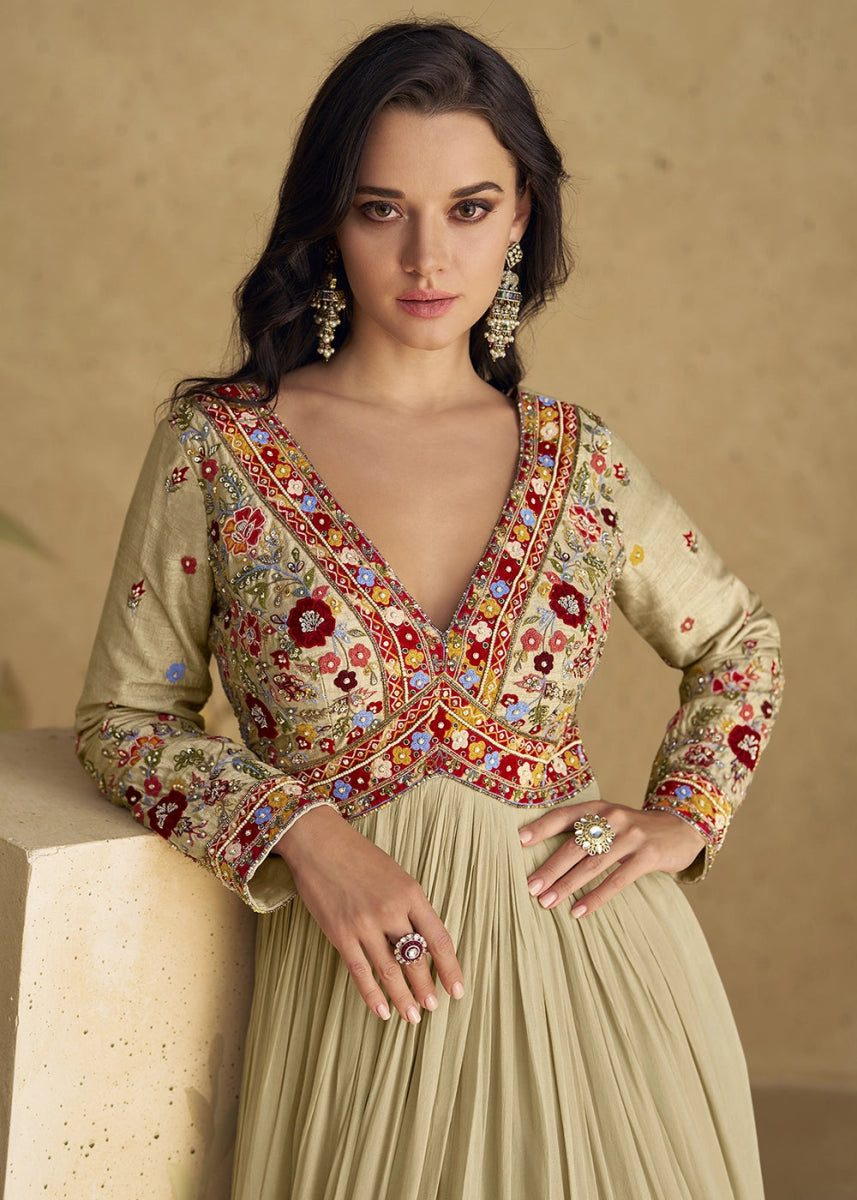 Light Brown Anarkali Gown in Georgette with Intricate Embroidery - House of Sarvati LLC