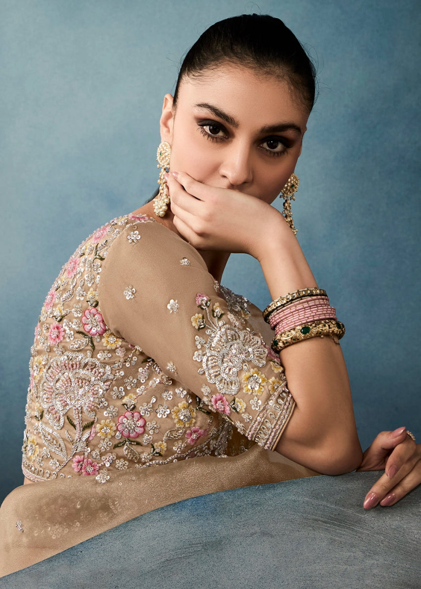 Light Brown Designer Saree in Tissue Fabric with Hand Embroidery - House of Sarvati LLC