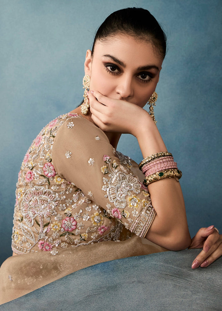 Light Brown Designer Saree in Tissue Fabric with Hand Embroidery - House of Sarvati LLC