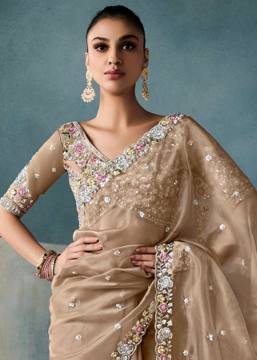 Light Brown Designer Saree in Tissue Fabric with Hand Embroidery - House of Sarvati LLC