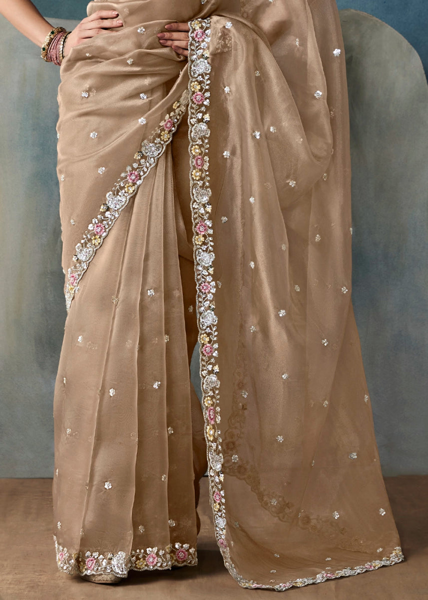 Light Brown Designer Saree in Tissue Fabric with Hand Embroidery - House of Sarvati LLC
