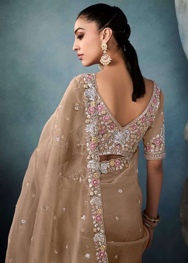 Light Brown Designer Saree in Tissue Fabric with Hand Embroidery - House of Sarvati LLC