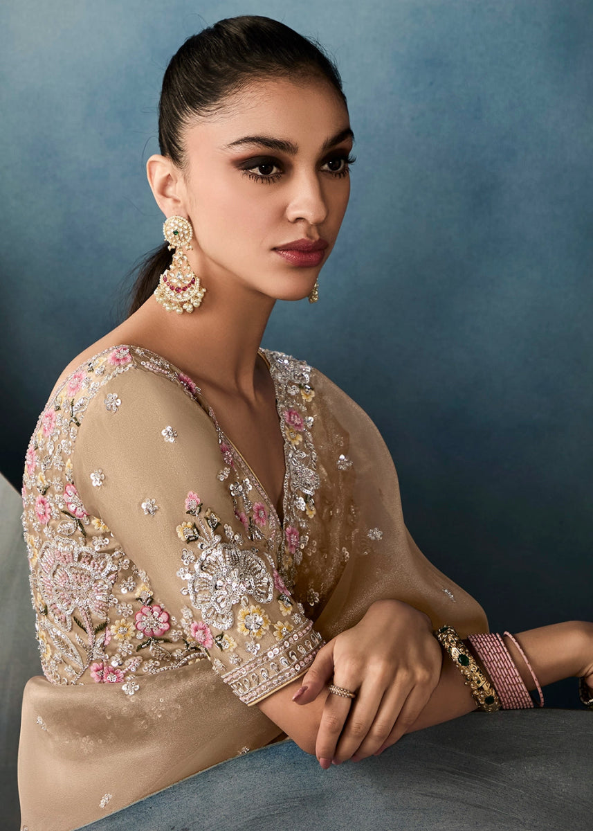 Light Brown Designer Saree in Tissue Fabric with Hand Embroidery - House of Sarvati LLC