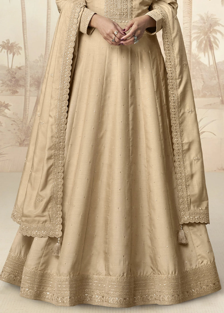 Light Brown Embroidered Silk Anarkali Gown for Festive Occasions - House of Sarvati LLC