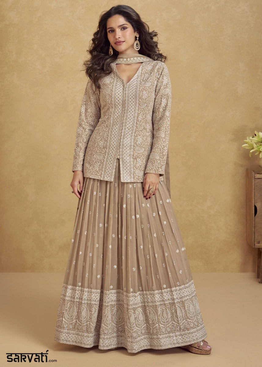 Light Brown Georgette Skirt & Jacket with Intricate Thread Embroidery - House of Sarvati LLC