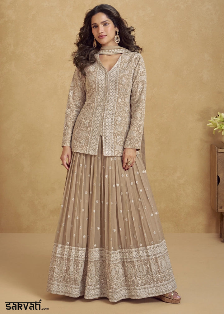 Light Brown Georgette Skirt & Jacket with Intricate Thread Embroidery - House of Sarvati LLC